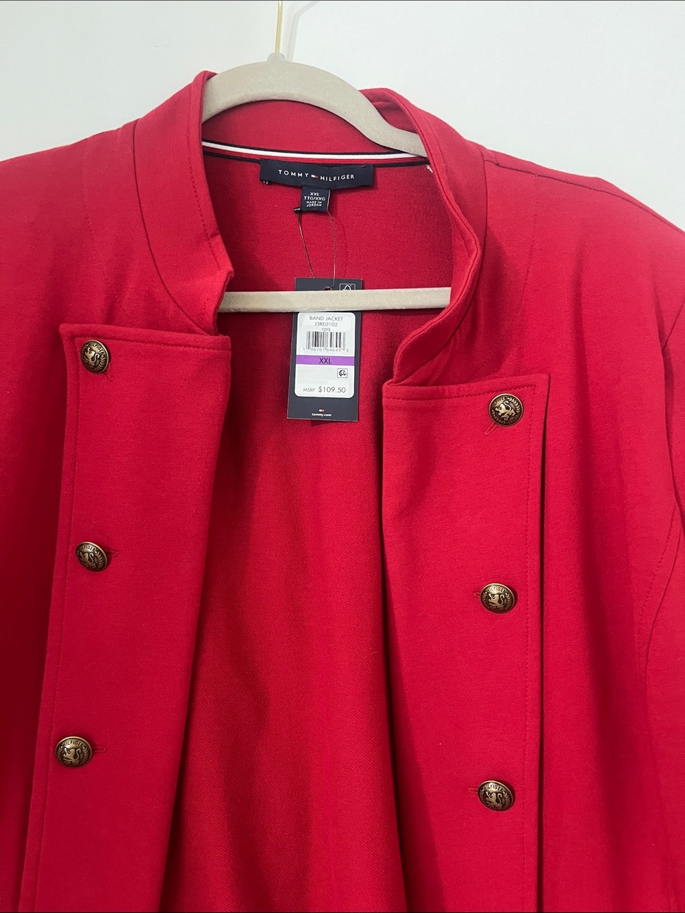 Tommy Hilfiger Red Double-Breasted Military Peacoat with Gold Buttons
